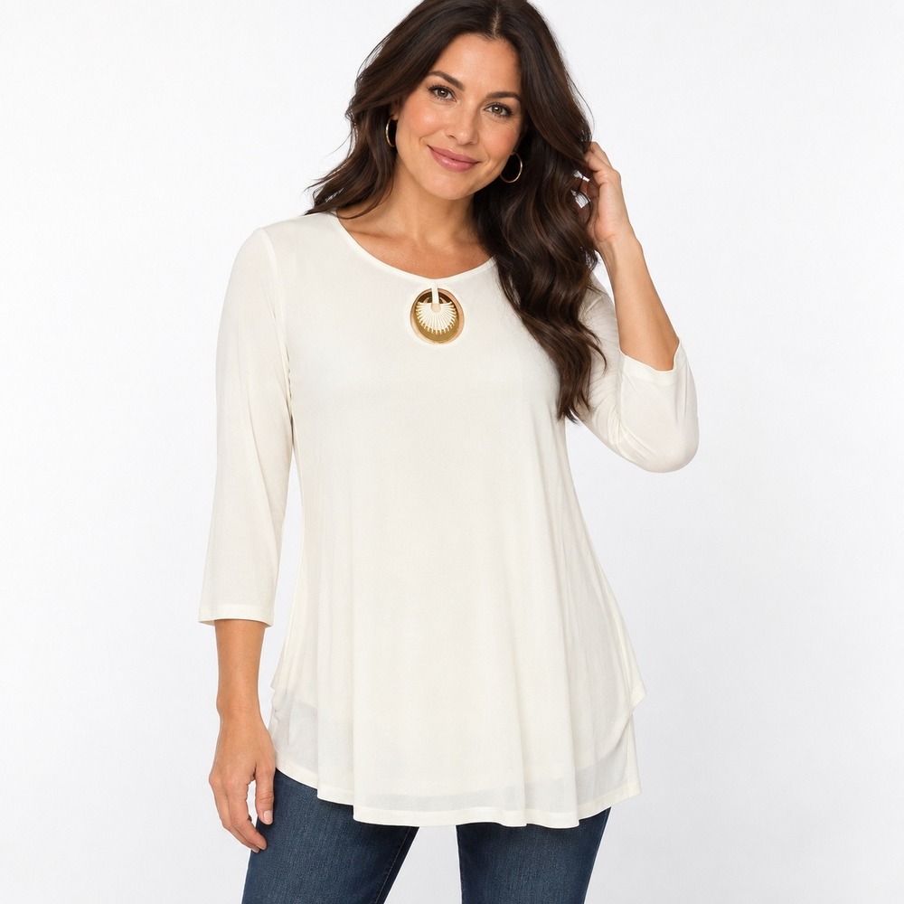Chicos Travelers Ivory Layered Tunic Top 3/4 Sleeve Gold Medallion Size 1 M